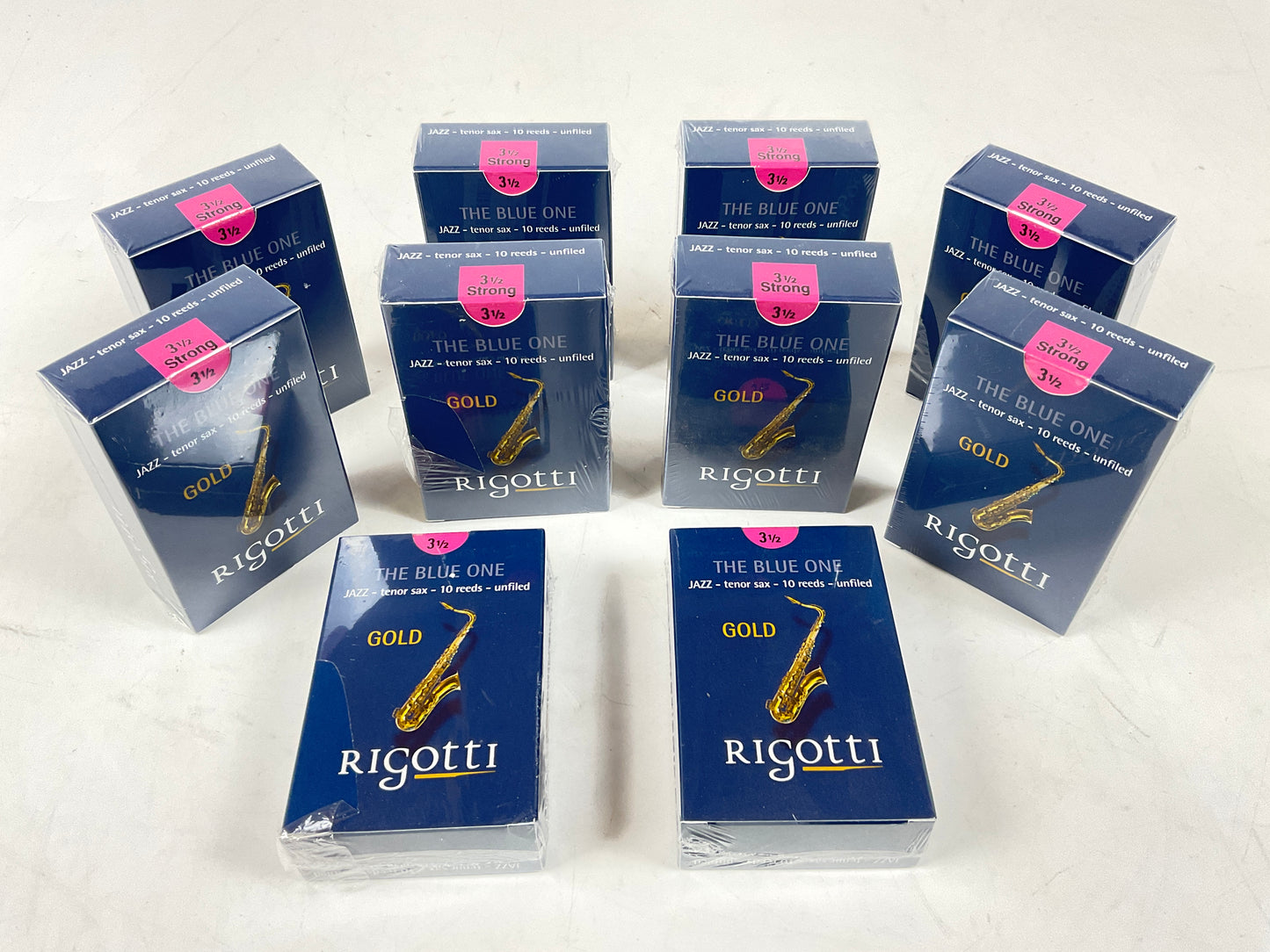 Tenor Saxophone Reed Lot: 10 Boxes Rigotti Gold Blue 3.5 Strong [79527]