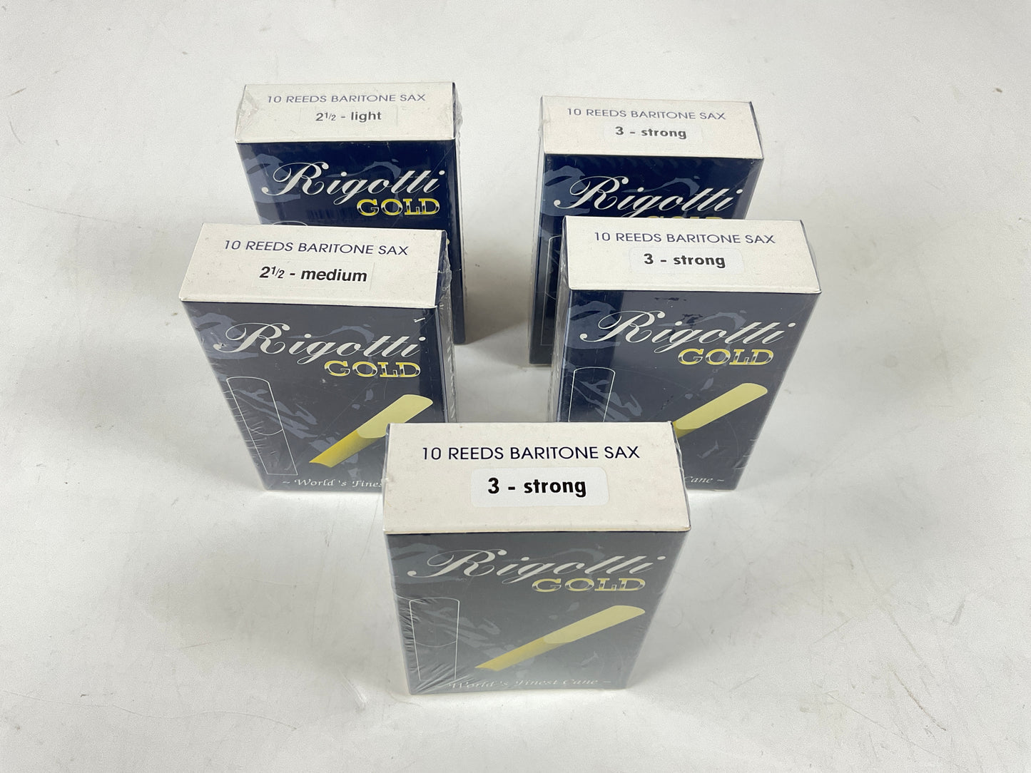 Baritone Saxophone Reed Lot: 5 Boxes Rigotti Gold Blue Various Strengths 2.5-3 [93412]