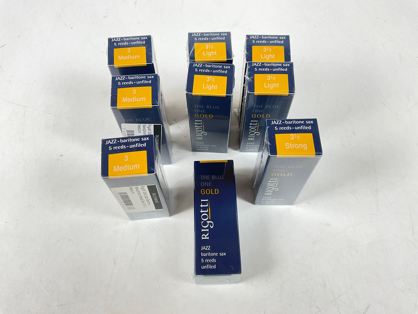 Baritone Saxophone Reed Lot: 9 Boxes Rigotti Gold Blue Various Strengths 3-3.5 [43020]