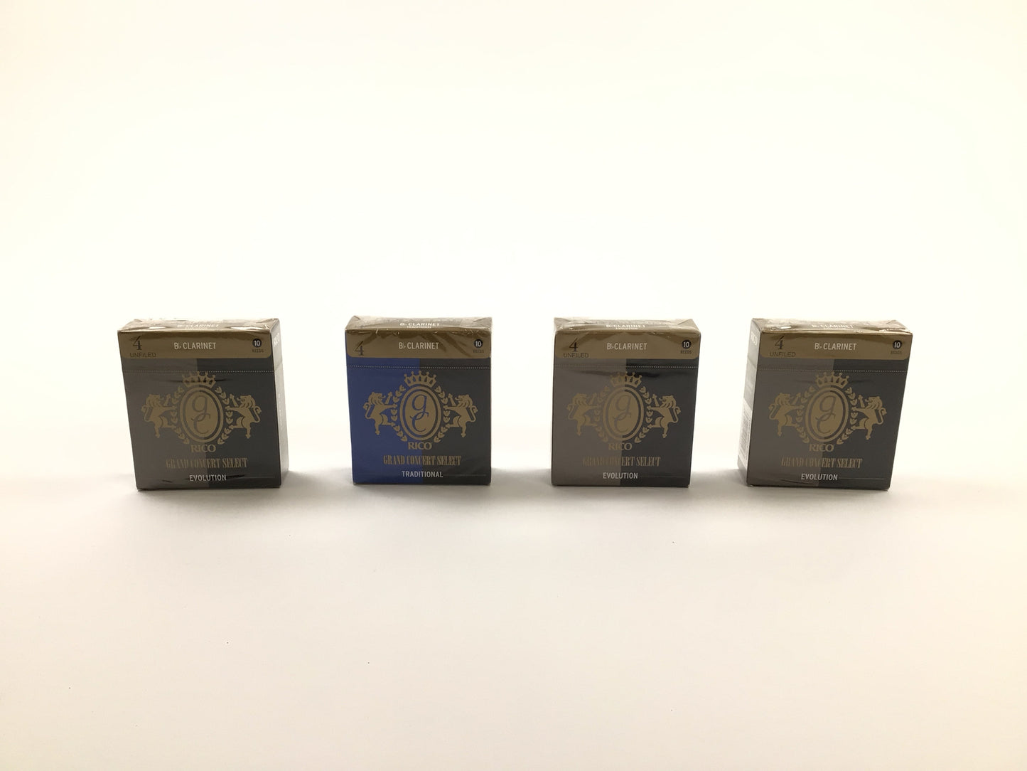Reed Lot 25: Four Boxes of Rico Bb Clarinet Reeds, Strength 4. Three Boxes of 10, Grand Select Evolution; One Box of 10, Grand Concert Select Traditional [082]