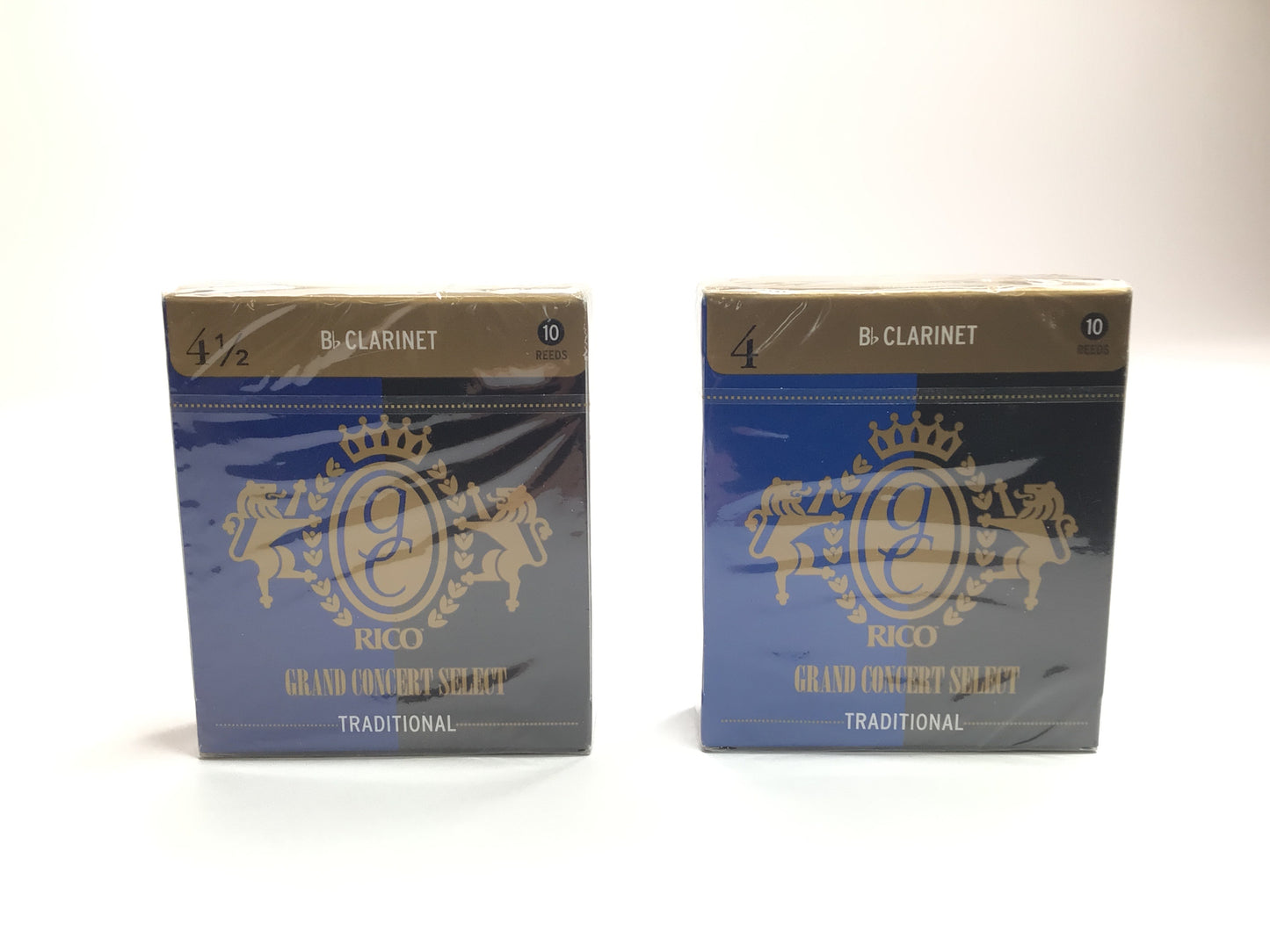 Reed Lot 7. Two Boxes of Rico Grand Concert Select Traditional Bb Clarinet Reeds. One Box of 10, Strength 4; One Box of 10, Strength 4 1/2 [738]