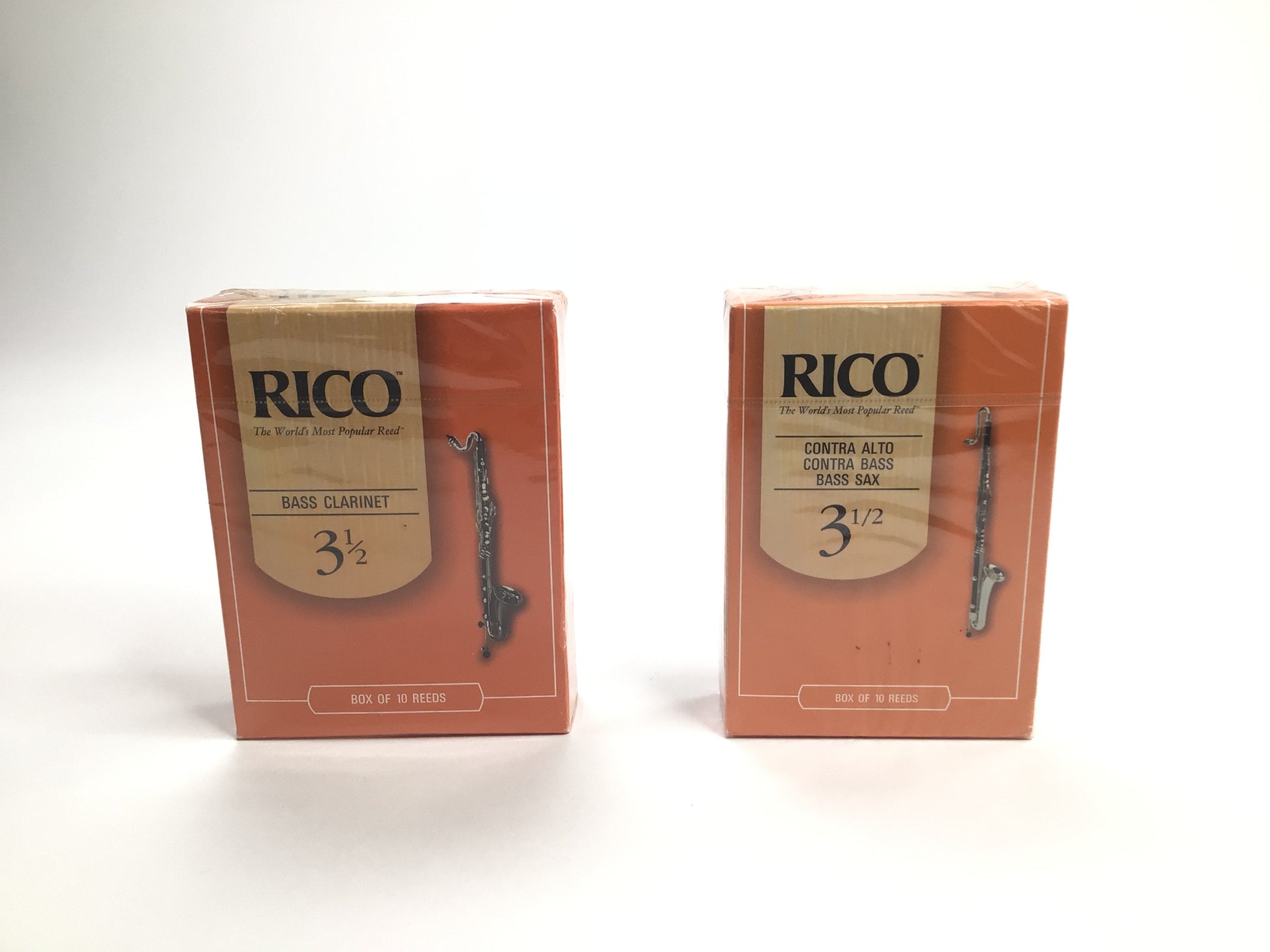 Reed Lot 15. Two Boxes of Rico Reeds. One Box of 10, Contra Alto Clarinet/Contra Bass Clarinet/Bass Saxophone Reeds, Strength 3 1/2; One Box of 10 Bb Bass Clarinet, Strength 3 1/3 [799]