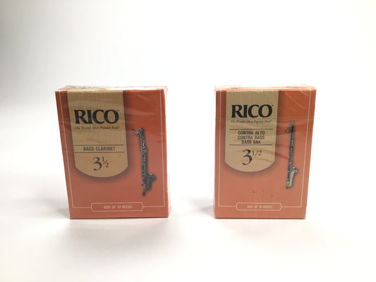Reed Lot 15. Two Boxes of Rico Reeds. One Box of 10, Contra Alto Clarinet/Contra Bass Clarinet/Bass Saxophone Reeds, Strength 3 1/2; One Box of 10 Bb Bass Clarinet, Strength 3 1/3 [799]
